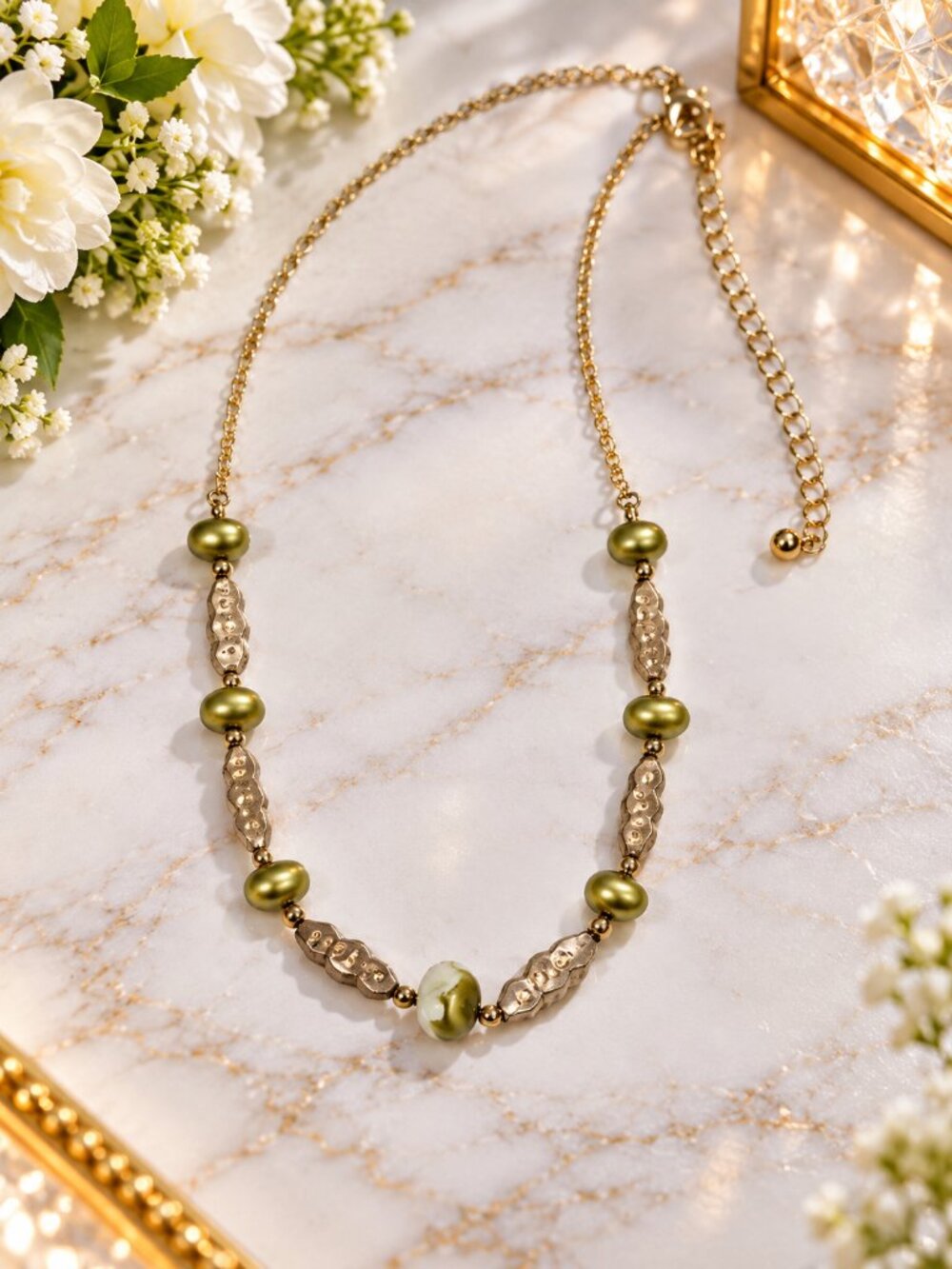 Delicate Olive Green Beaded Necklace Gold Textured Statement Fashion Jewelry